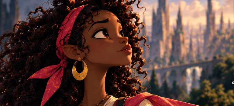Approved Maya character concept with sculptural dark curls and a red scarf against Prismara